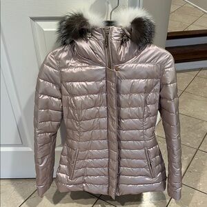 Gorski Women's pink Metallic Puffer Ski Jacket with Fur Trim